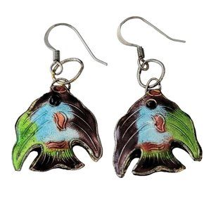 Cloisonné Red Green Purple Enamel Brass Fish Earrings E606